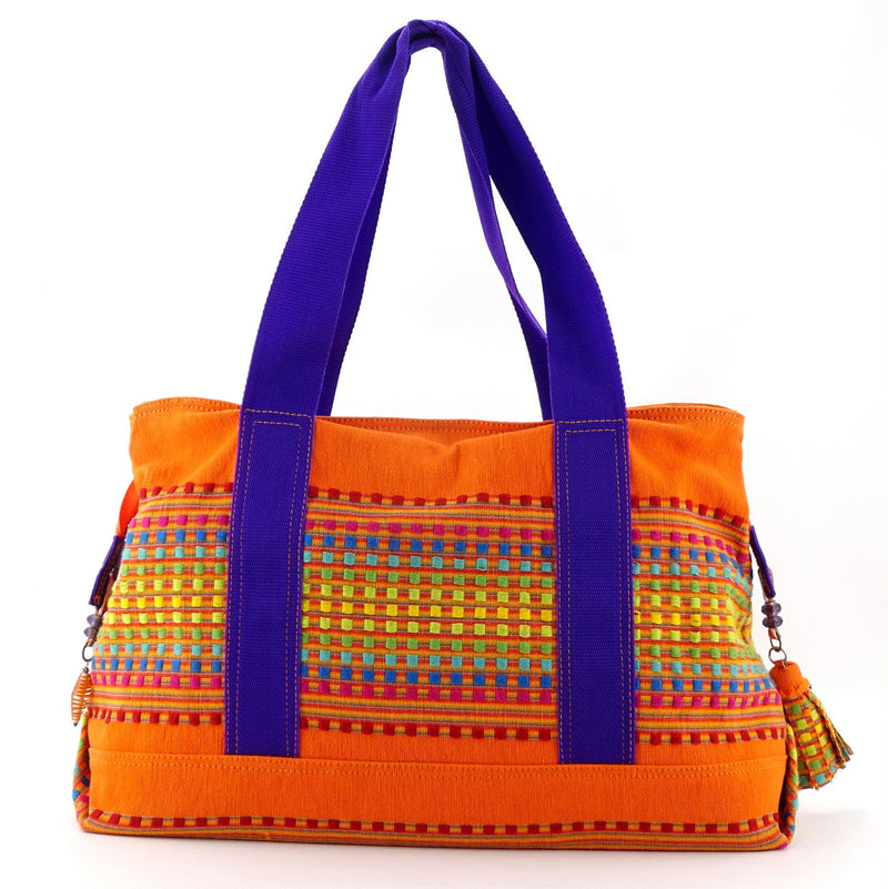 Felicity  Orange woven cotton fabric large tote bag handles up