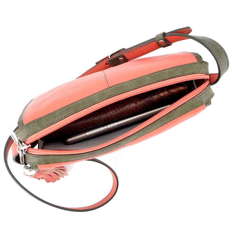 Riley Cross body bag Peach & olive green leather top view showing internal in use