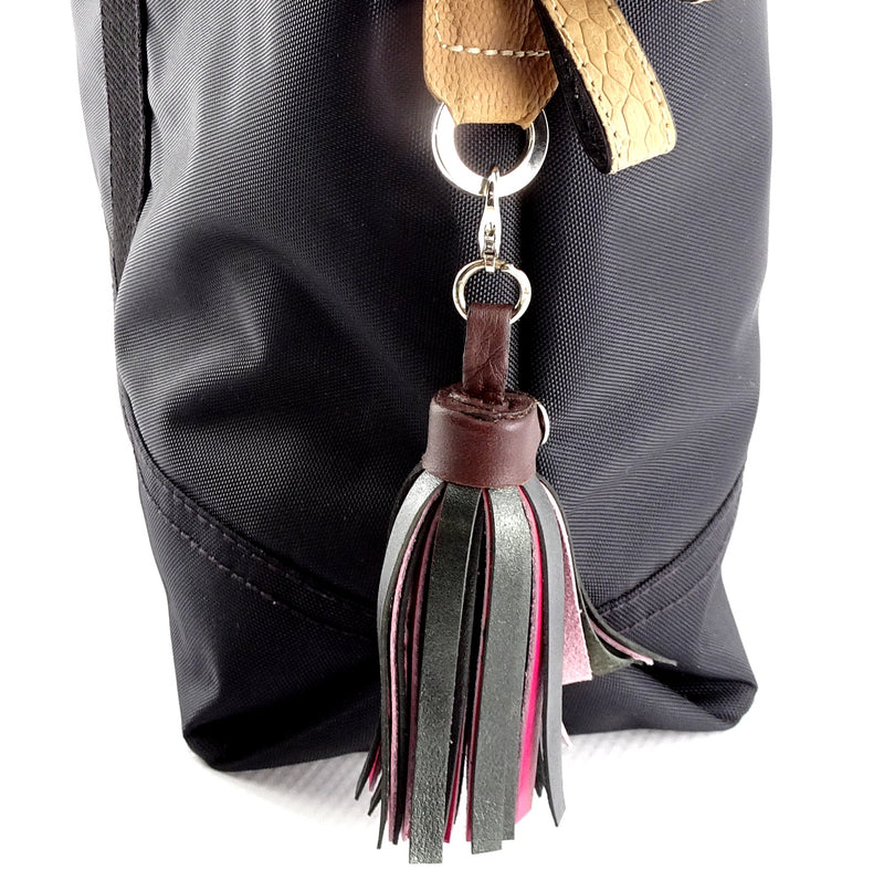 Felicity  Black nylon light tan ostrich leg leather large tote bag end tassel