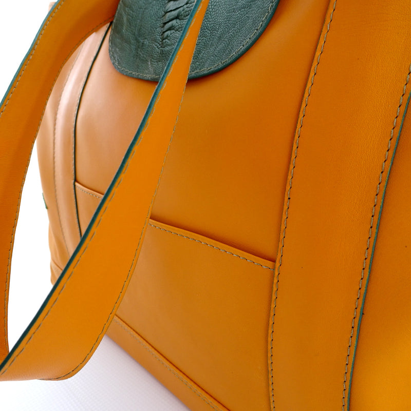 Felicity  Mango leather green ostrich leg & turtle detail large tote bag edging details