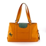 Felicity  Mango leather green ostrich leg & turtle detail large tote bag front handles up