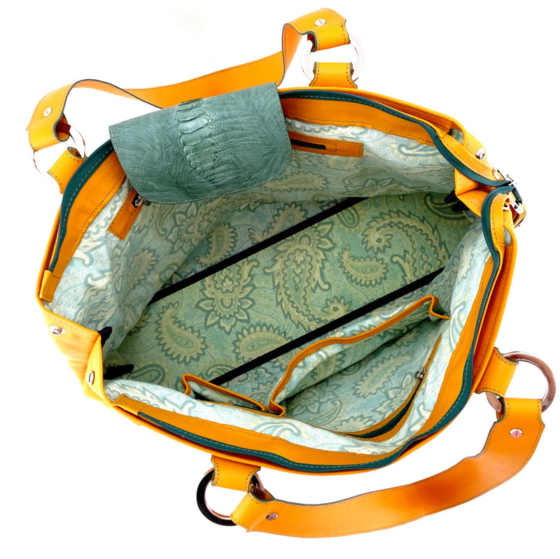 Felicity  Mango leather green ostrich leg & turtle detail large tote bag inside pockets