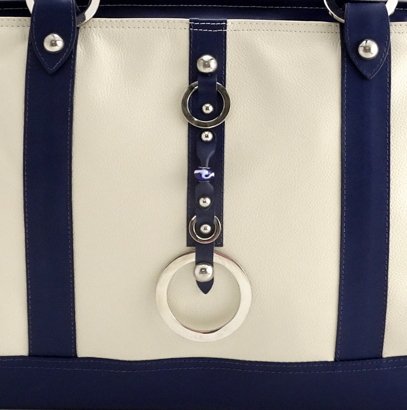 Felicity  Navy blue kangaroo cream leather stud detail large tote bag front bead and ring detail