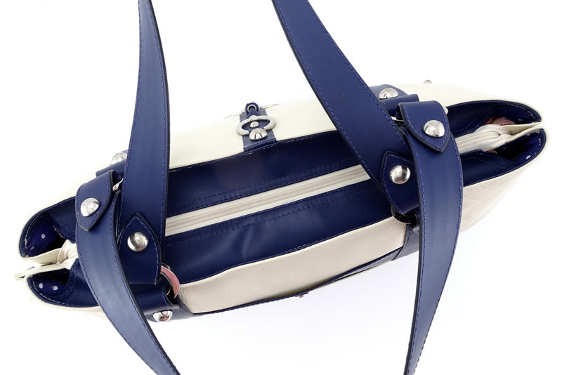 Felicity  Navy blue kangaroo cream leather stud detail large tote bag top zip