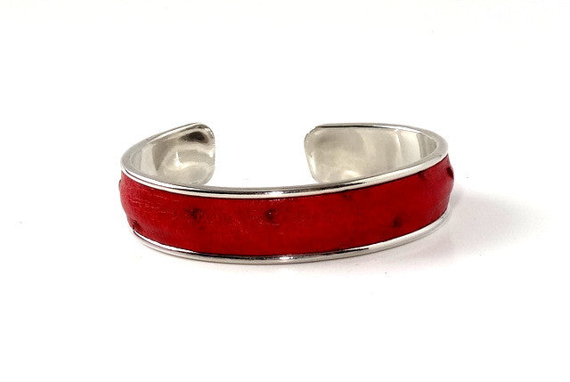 Bangle - open ended (Sunny) Ostrich skin and nickel metal - red ostrich skin