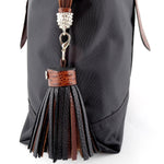 Felicity  Black nylon with brown crocodile print leather large tote bag zip end tassel detail