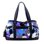 Felicity  Black leather with a skull print fabric large tote bag front handles up