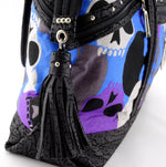Felicity  Black leather with a skull print fabric large tote bag side end tassel