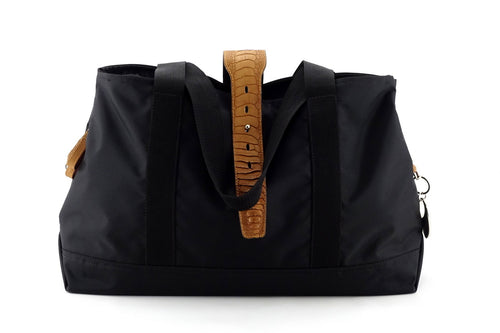 Felicity  Black nylon light tan ostrich leg leather large tote bag front handles down