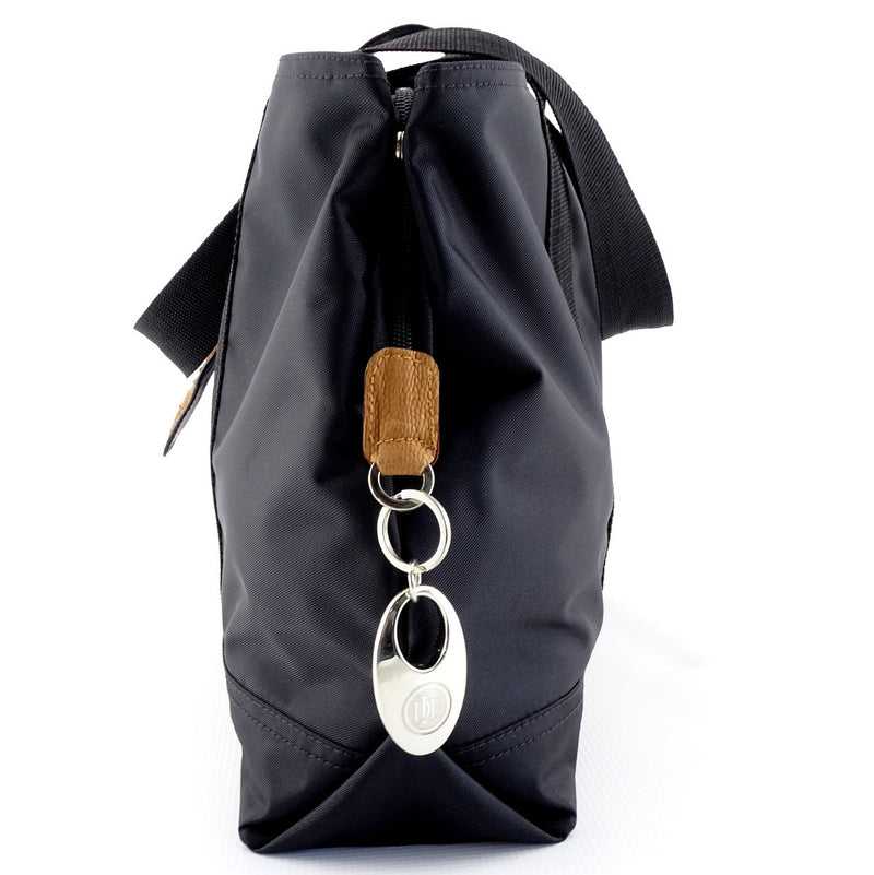 Felicity  Black nylon light tan ostrich leg leather large tote bag zip end detail