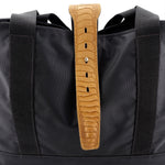 Felicity  Black nylon light tan ostrich leg leather large tote bag lid strap detail