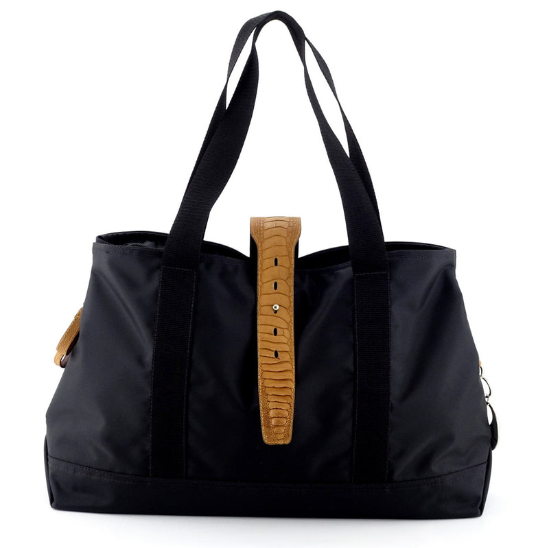 Felicity  Black nylon light tan ostrich leg leather large tote bag front handles up