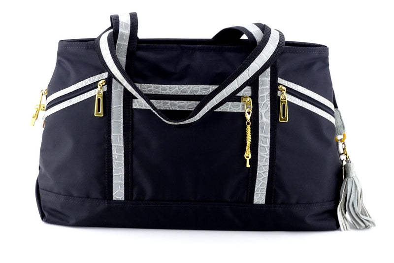 Tote bag large (Felicity)  Black nylon with a blue/grey crocodile skin