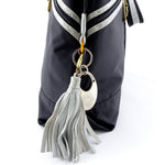Tote bag large (Felicity)  Black nylon with a blue/grey crocodile skin showing tassel & zip end details