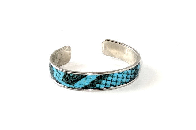 Bangle - open ended (Sunny) Leather & metal in nickel - blue & navy snake print leather