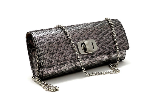 Leah  Silver zig zag leather ladies small clutch bag with removable chain shoulder strap