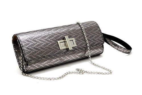 Meredith  Silver zig zag leather ladies clutch evening bag with wrist strap and chain