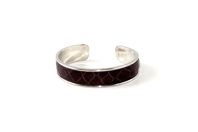 Bangle - open ended (Sunny) Leather & metal in nickel - burgundy printed leather