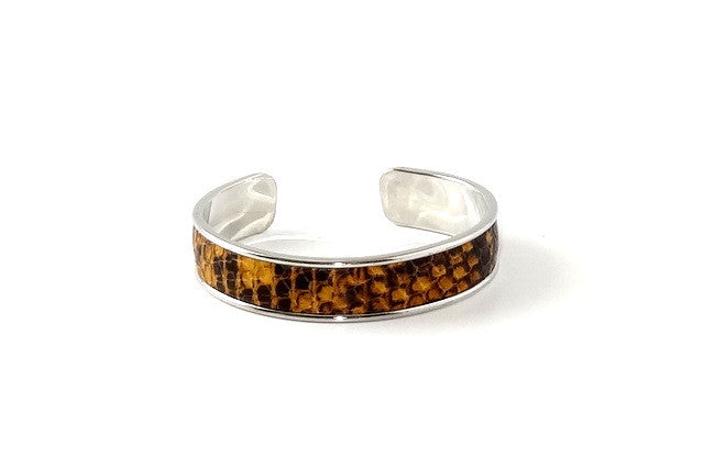 Bangle - open ended (Sunny) Leather & metal in nickel - yellow & black snake print leather