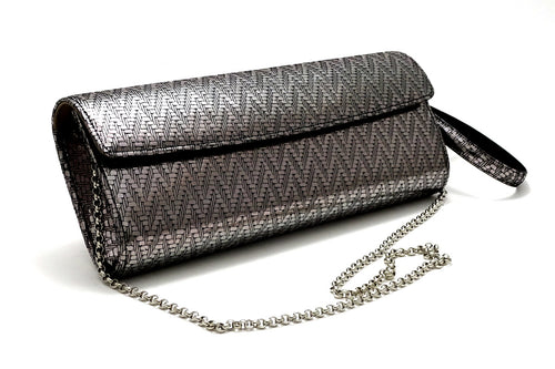 Kate Silver zig zag textured leather ladies evening clutch bag with wrist strap and shoulder chain