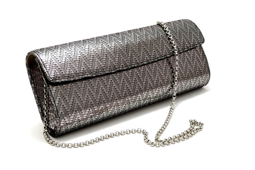 Kate Silver zig zag textured leather ladies evening clutch bag with chain shoulder strap
