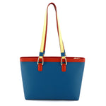 Emily  Medium leather tote bag azure, lemon & orange combination handles up
