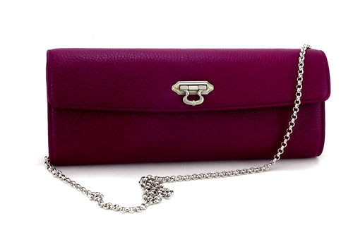 Kate Purple textured leather ladies evening clutch bag with chain shoulder strap