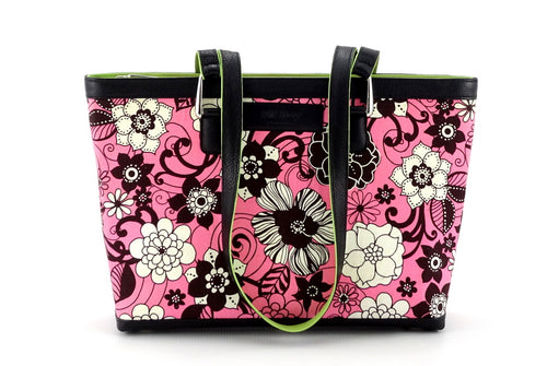 Emily  Medium fabric & leather tote bag fuchsia, lime & black front view handles down