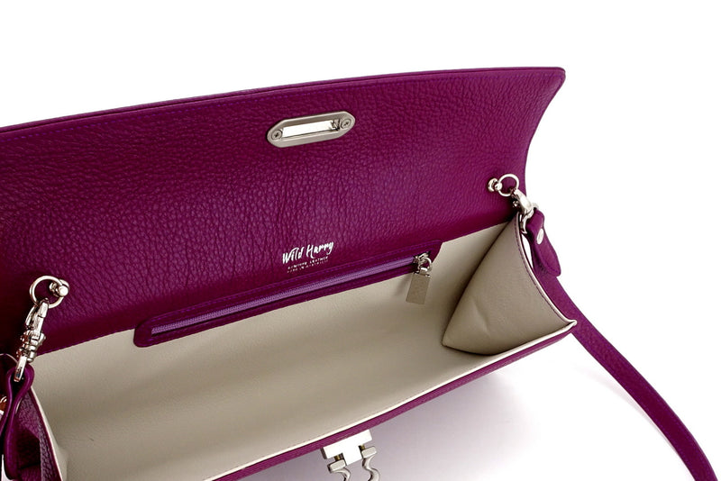 Kate Purple textured leather ladies evening clutch bag inside view