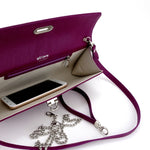 Kate Purple textured leather ladies evening clutch bag inside view with phone