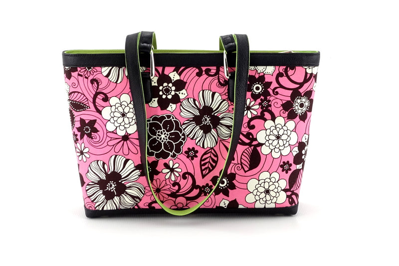 Emily  Medium fabric & leather tote bag fuchsia, lime & black back with handles down