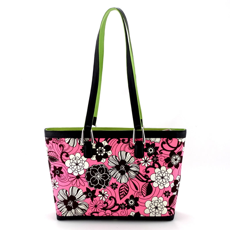 Emily  Medium fabric & leather tote bag fuchsia, lime & black back with handles up