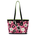Emily  Medium fabric & leather tote bag fuchsia, lime & black front with handles up