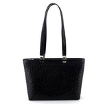 Black ostrich tote bag with nickel fittings outside view with shoulder straps in fully extended position