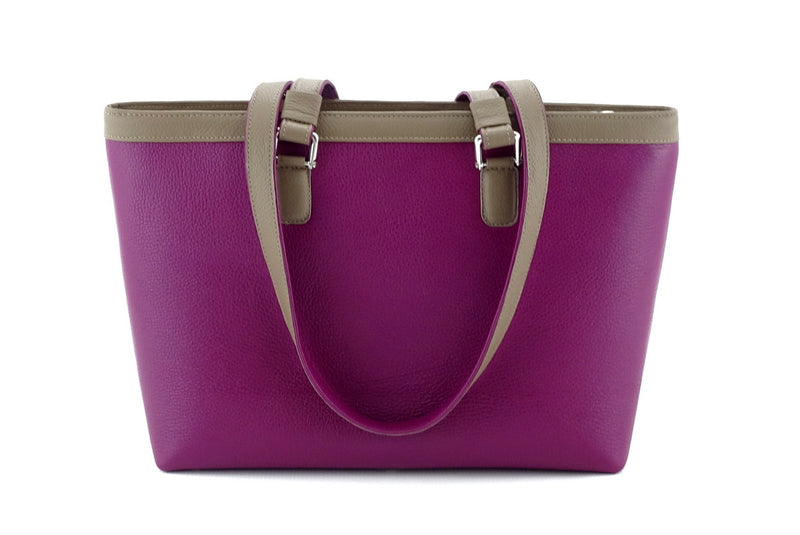 Emily  Medium leather tote bag purple & basil leather handles down