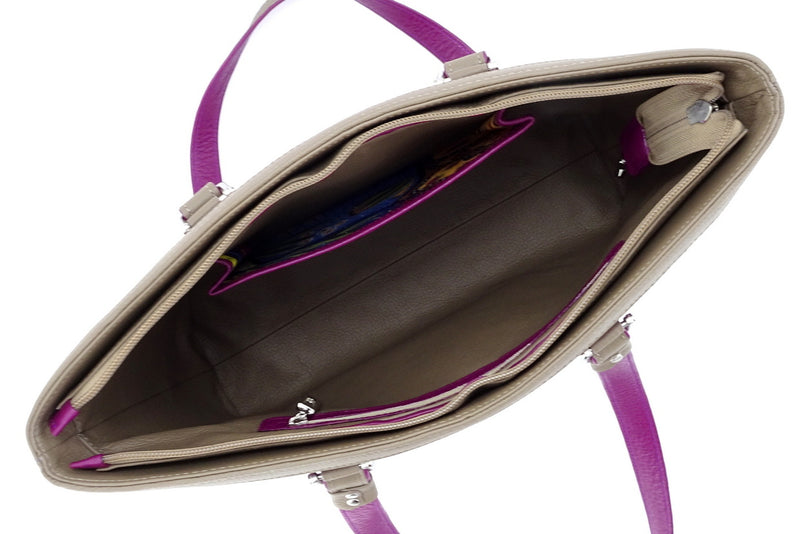 Emily  Medium leather tote bag purple & basil leather inside pockets