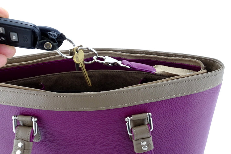 Emily  Medium leather tote bag purple & basil leather internal key holder