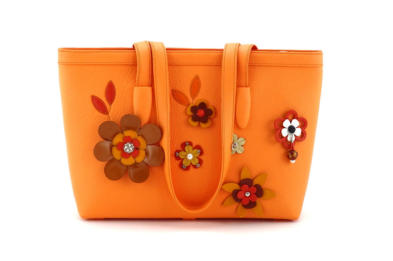 Tote bag- medium - (Emily) Pale orange designer bag with flower detail showing side 1