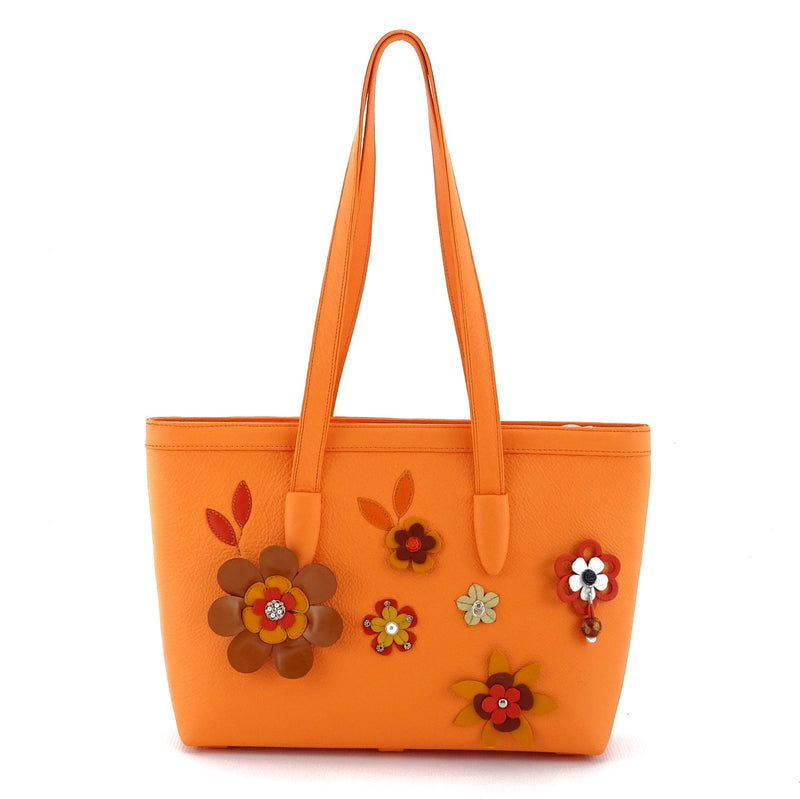 Tote bag- medium - (Emily) Pale orange designer bag with flower detail shown design with shoulder straps up