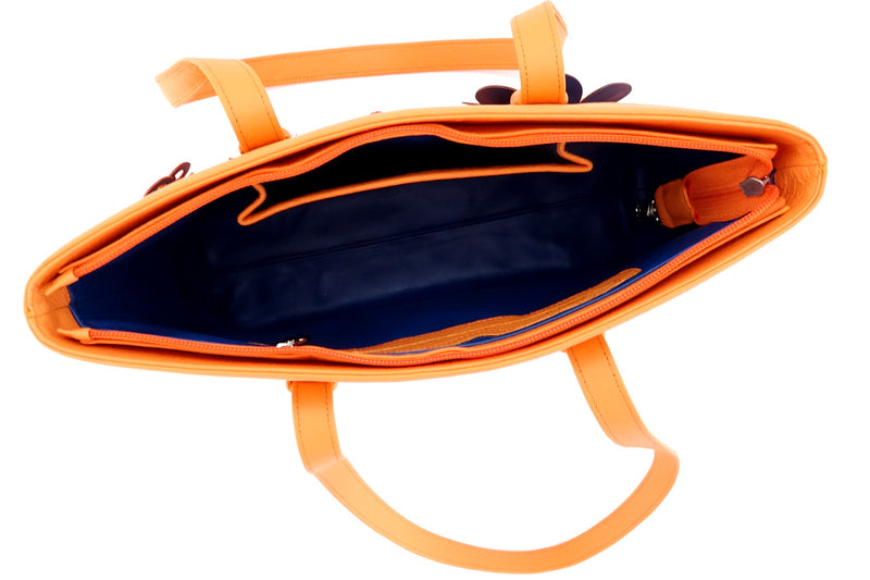 Tote bag- medium - (Emily) Pale orange designer bag with flower detail - inside pockets