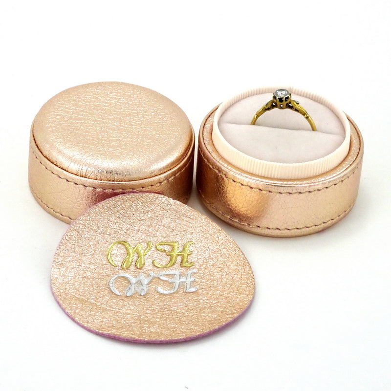 Ring Box round  Pink metallic sheep skin leather showing monograming