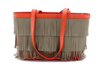 Emily  Medium leather tote bag burnt orange with taupe fringing front handles down