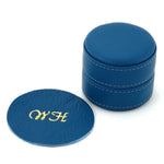 Ring Box round  Azure blue leather showing monograming
