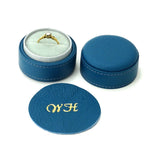 Ring Box round  Azure blue leather showing monograming