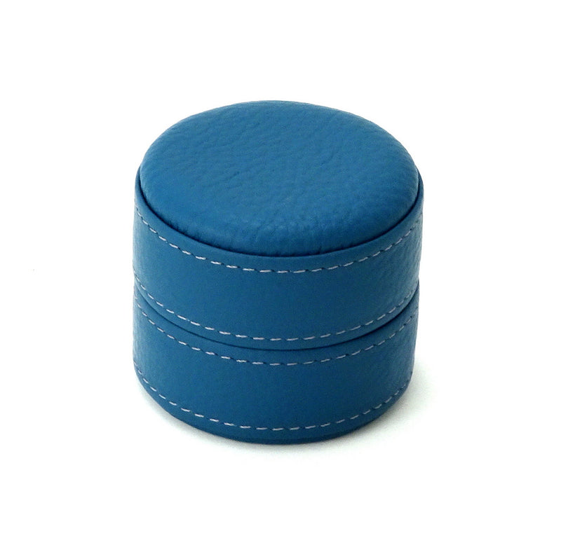 Ring Box round  Azure blue leather lid on box closed