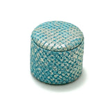 Ring Box round  Mermain blue metallic textured leather lid on box closed
