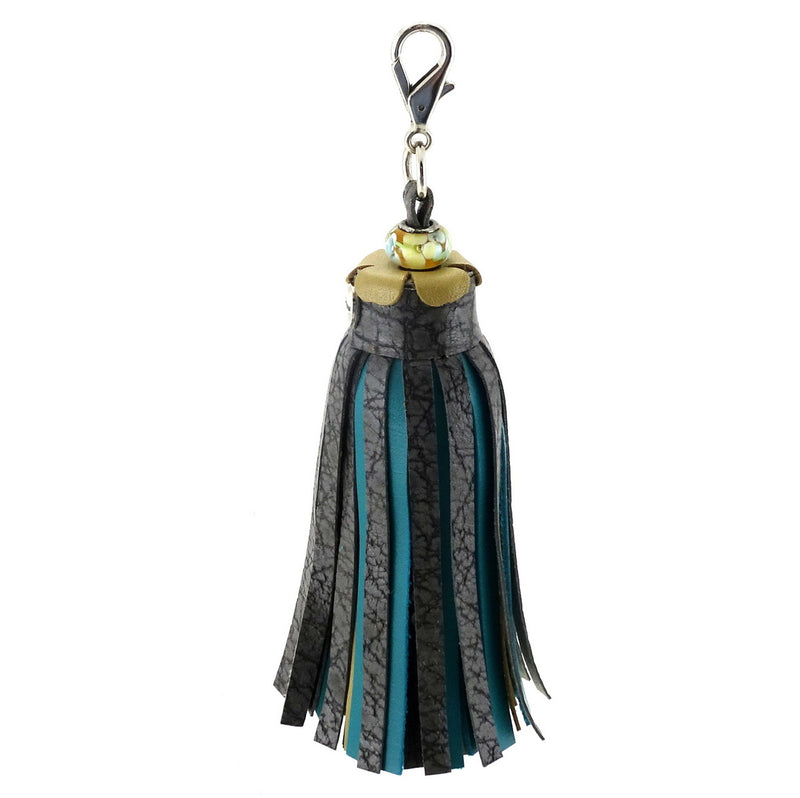 Tassels leather mustard teal silver fleck with flower cap and bead
