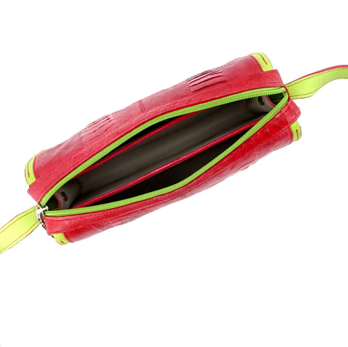 Riley Cross body bag Red ostrich leg with lime leather inside view