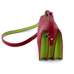 Riley Cross body bag Red ostrich leg with lime leather gusset view side 1