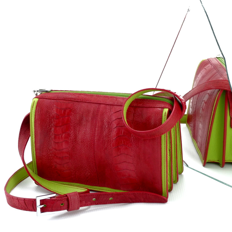 Riley Cross body bag Red ostrich leg with lime leather showing both sides using mirror